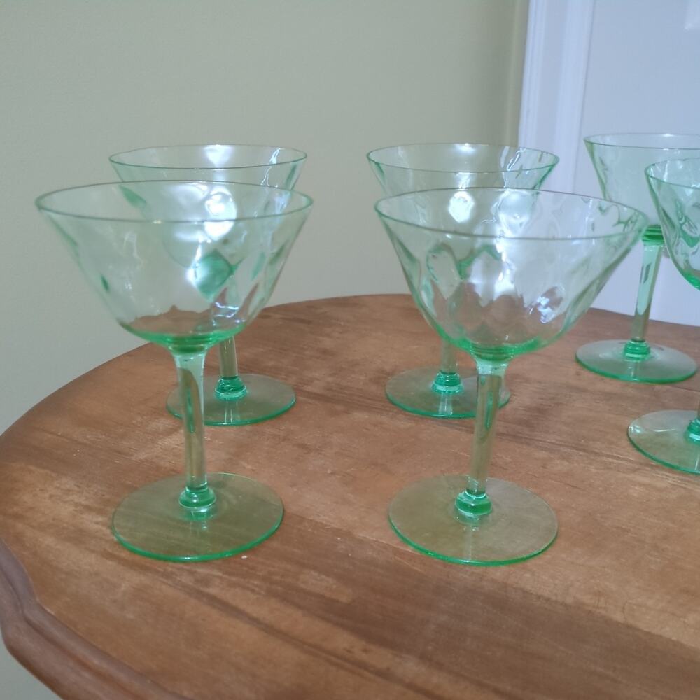Vintage Set 7 Green Uranium/Vaseline Glass Stemmed Sherbet Or Cocktail Glasses